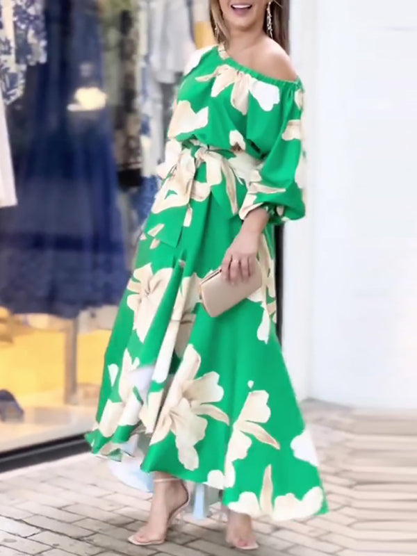 Elegant Lantern Sleeve Maxi Dress – Printed, Three-Quarter Sleeves, Green