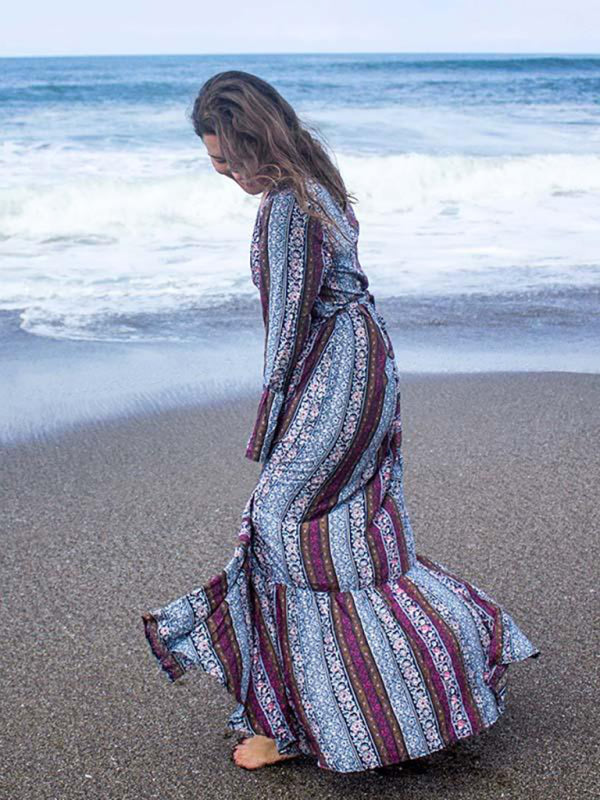 Sago Print Long Sleeve Maxi Dress – Elegant Woven Polyester Design
