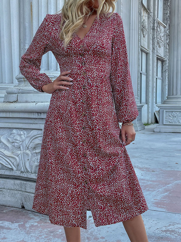 Wine Red V-Neck Long Sleeve Button Dress – Printed Autumn Midi Fit
