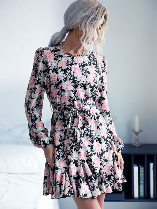 Printed Long Sleeve Mini Dress – Autumn & Winter Casual Fit