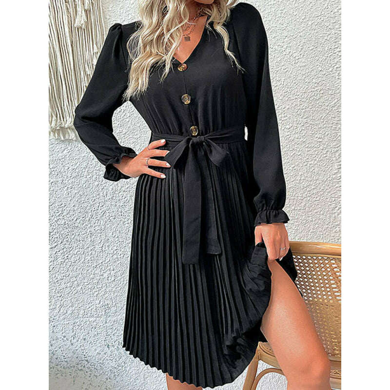 black-long-sleeve-pleated-v-neck-dresssmiling-maria---everything-for-women-34670822