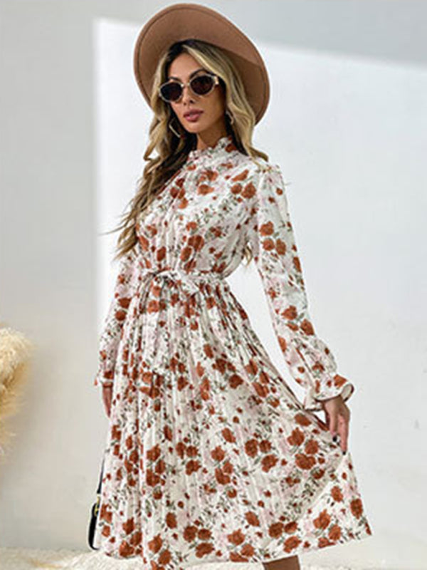 Floral Print Long Sleeve Midi Dress – Princess Sleeves & Woven Elegance