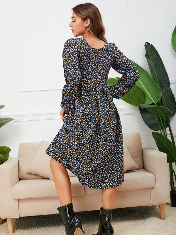Women's square neck floral hem dress