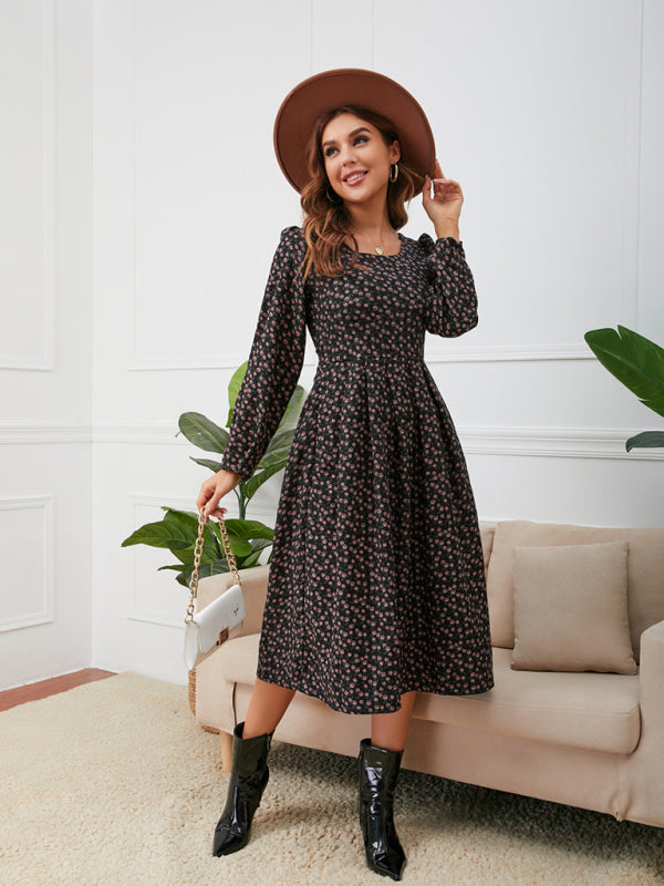 Women's square neck floral hem dress