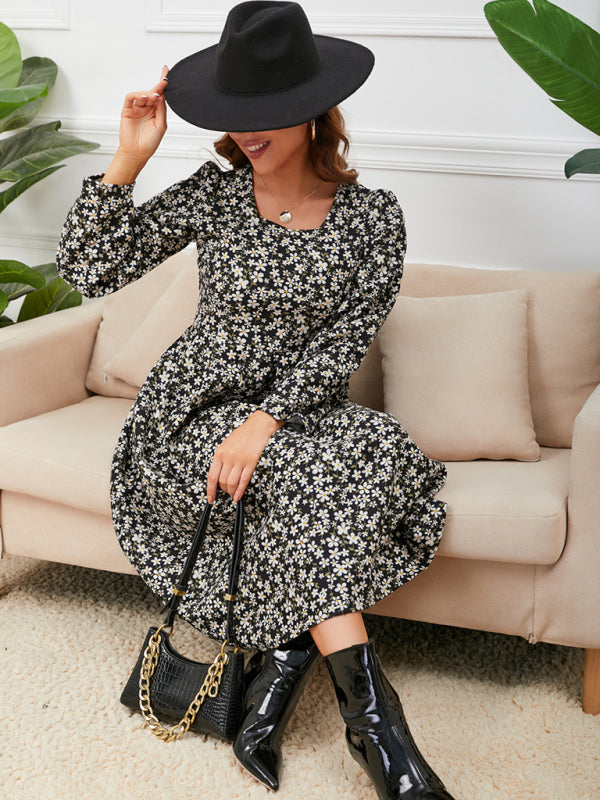 Women's square neck floral hem dress
