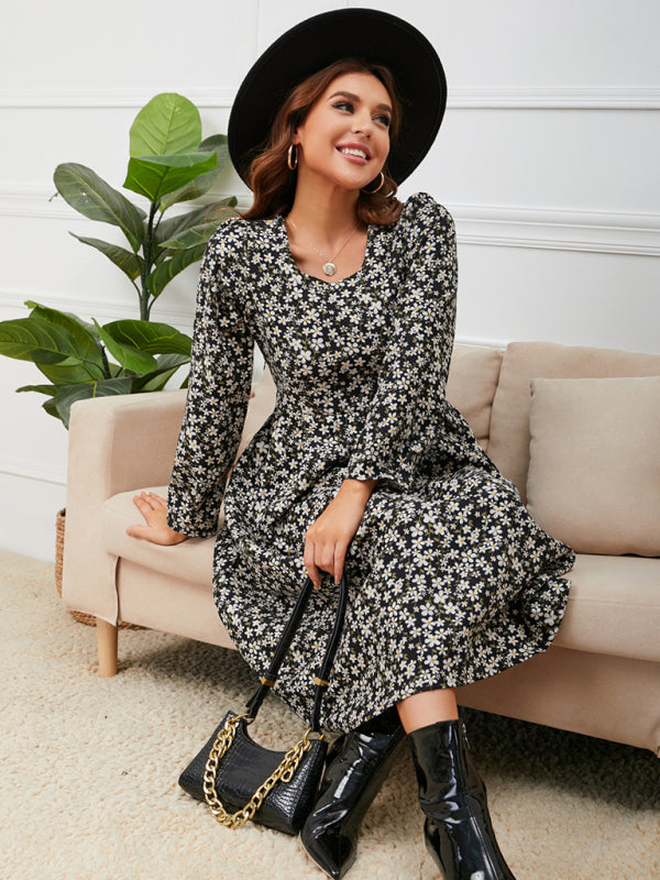 Women's square neck floral hem dress
