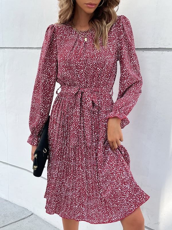 Leopard Print Pleated Long Sleeve Dress Wine Red