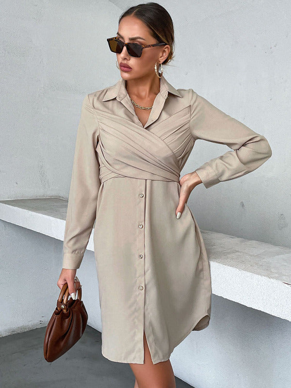 Women's design sense long-sleeved cardigan mid-length lapel shirt dress