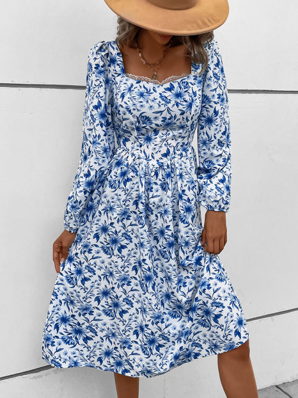 Vintage Square Neck Print Midi Dress – Long Sleeve Woven Autumn Style