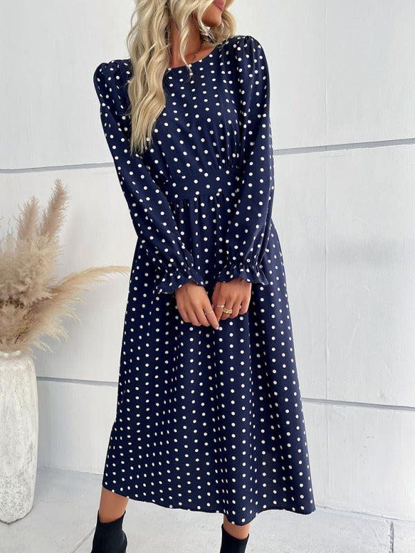 Polka Dot Midi Dress – Round Neck Waist-Tied Long Sleeve Dress for Women