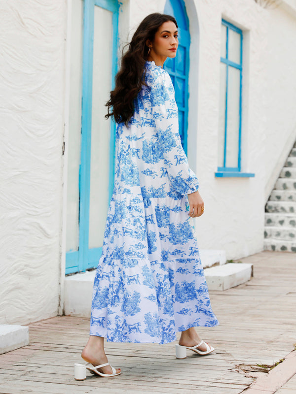 Animal Print Ruffle Neck Resort Dress – Long Sleeve & Lightweight Silhouette