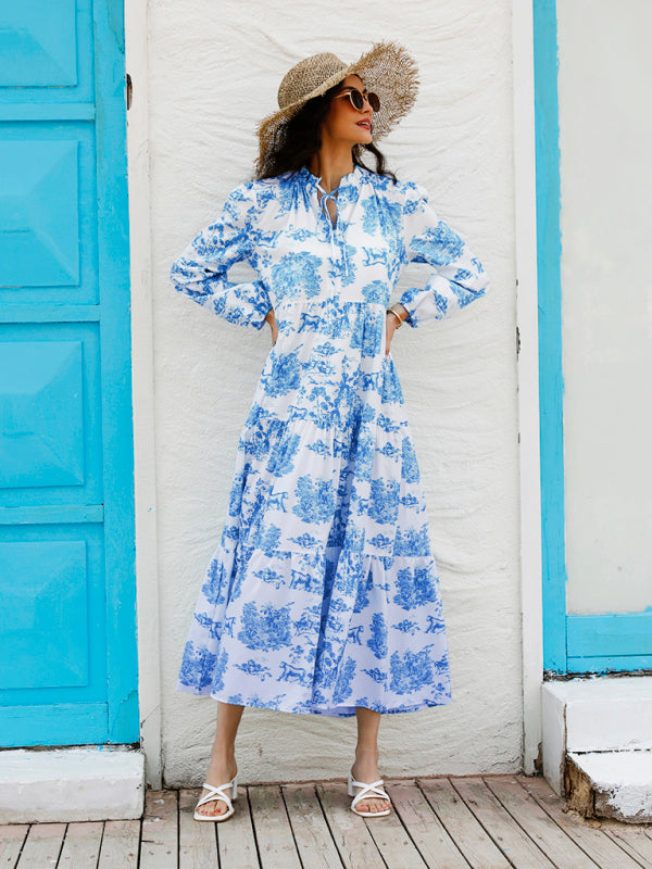 Animal Print Ruffle Neck Resort Dress – Long Sleeve & Lightweight Silhouette
