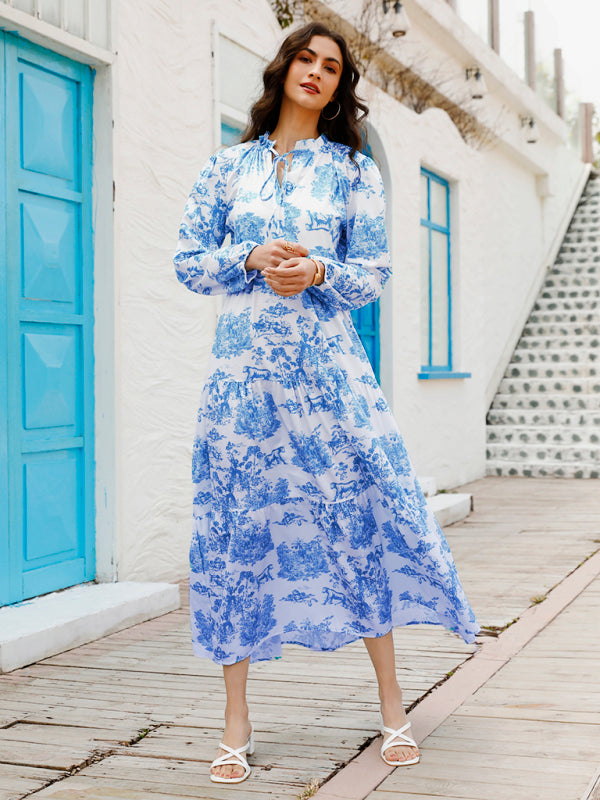 Animal Print Ruffle Neck Resort Dress – Long Sleeve & Lightweight Silhouette