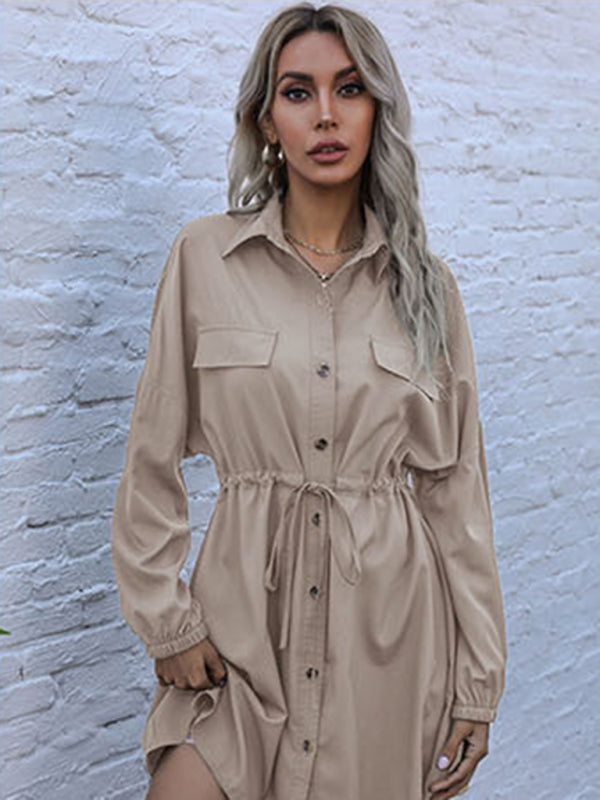 Khaki Button-Down Long Sleeve Shirt Dress – Woven Leisure Fit for Fall