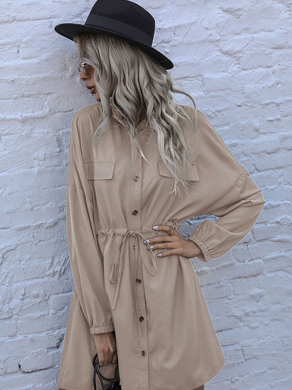 Khaki Button-Down Long Sleeve Shirt Dress – Woven Leisure Fit for Fall