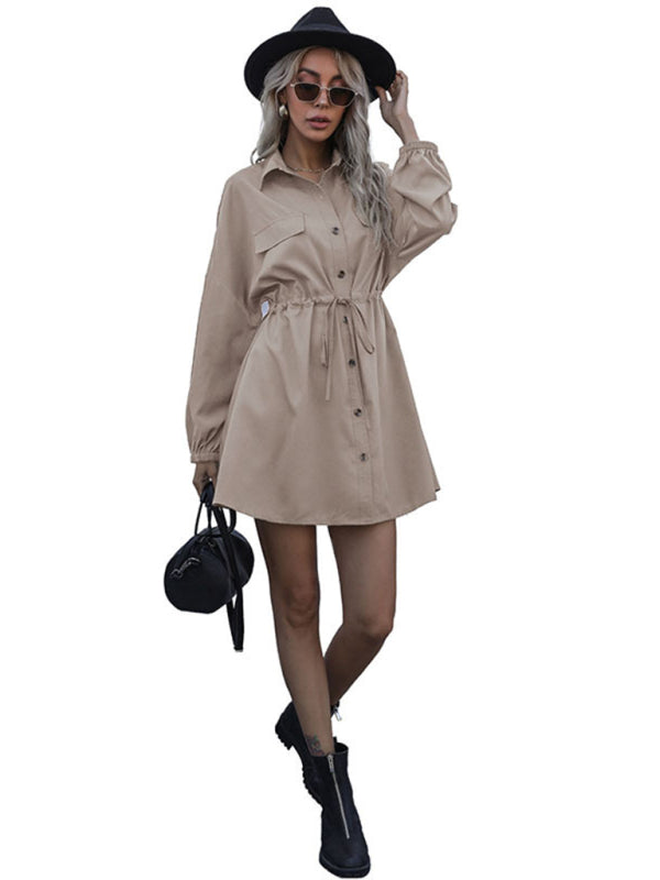 Khaki Button-Down Long Sleeve Shirt Dress – Woven Leisure Fit for Fall