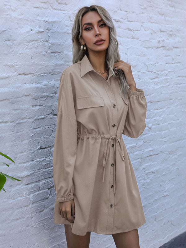 Khaki Button-Down Long Sleeve Shirt Dress – Woven Leisure Fit for Fall