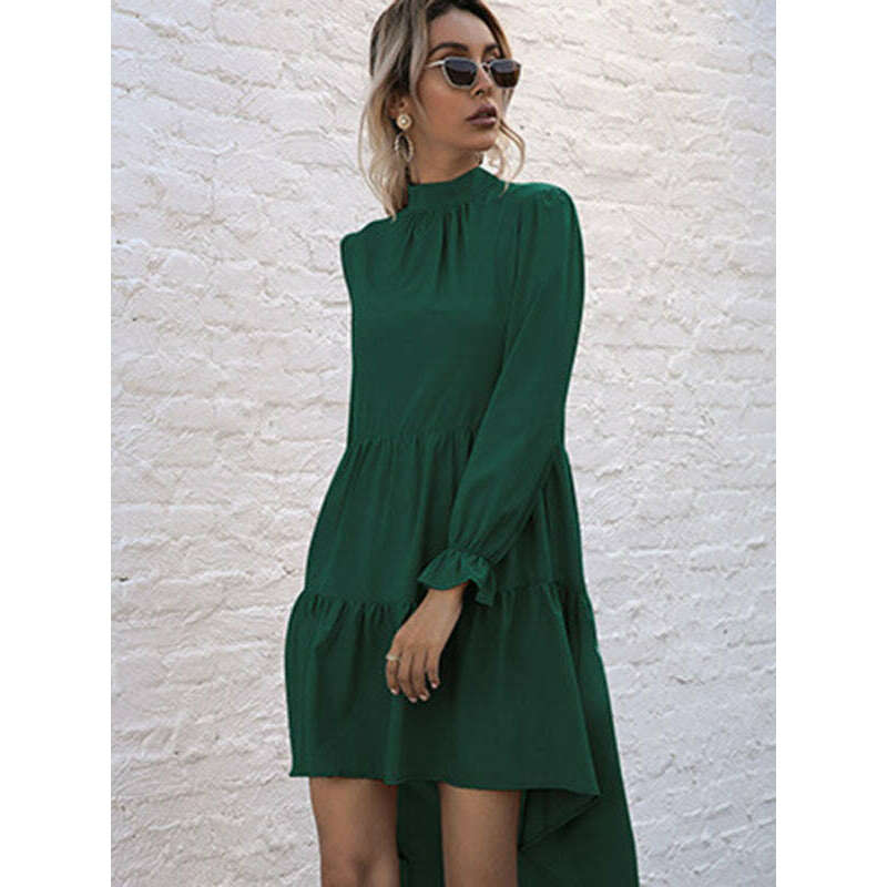 فستان بأكمام طويلة وياقة عالية وحافة مكشكشة – كاكي مطبوع لخريف منتصف الطول - ماريا المبتسمة - كل شيء للنساء 34650105