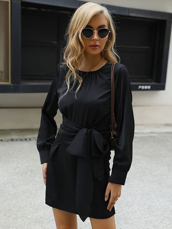 Elegant Knit Tie-Waist Dress – Long Sleeve Casual Midi for Autumn Winter