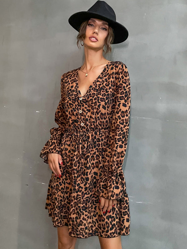 Leopard Print Long Sleeve Dress – Button Front, Autumn Style