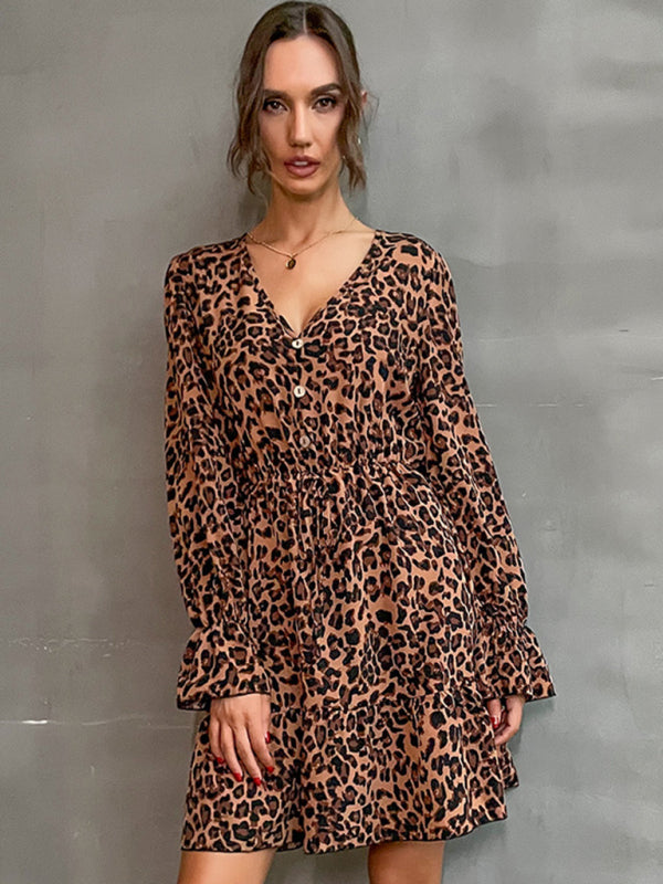 Leopard Print Long Sleeve Dress – Button Front, Autumn Style