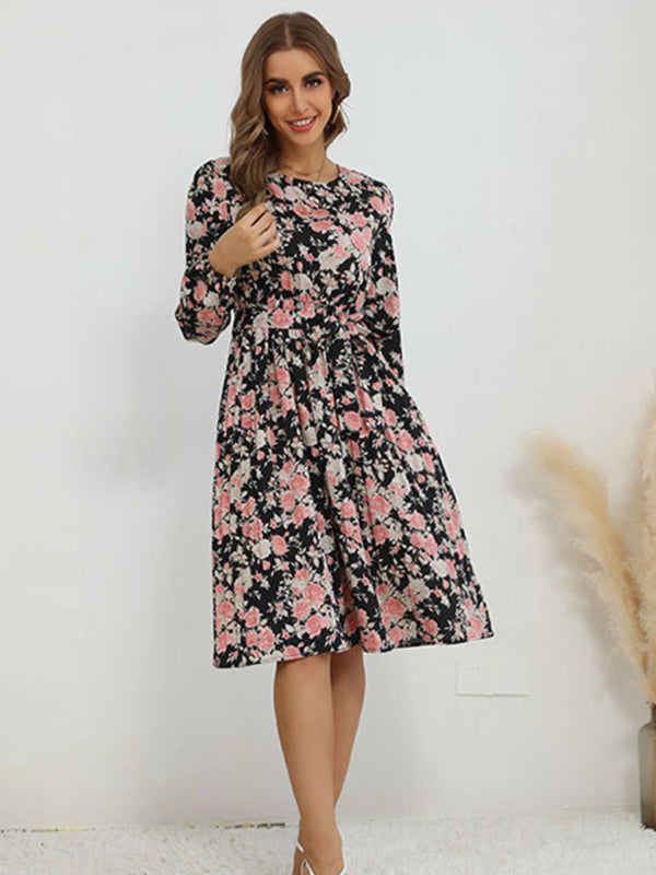 Floral Long Sleeve Vintage Dress – Autumn-Winter Woven Casual Fit