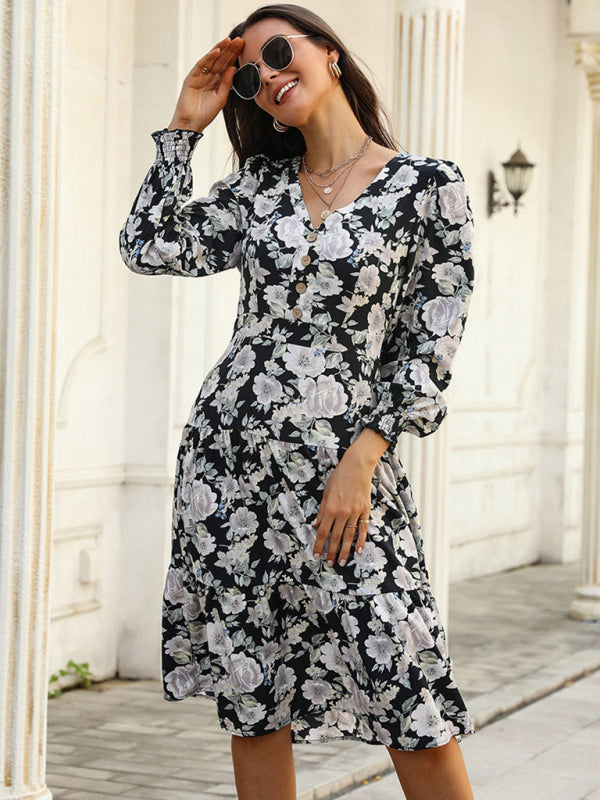 Floral Long Sleeve Midi Dress – Casual A-Line Style for Autumn & Winter