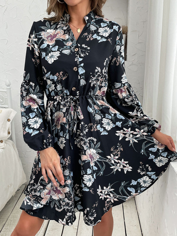 Floral Long Sleeve Midi Dress – Autumn-Winter Casual Style, Woven Polyester