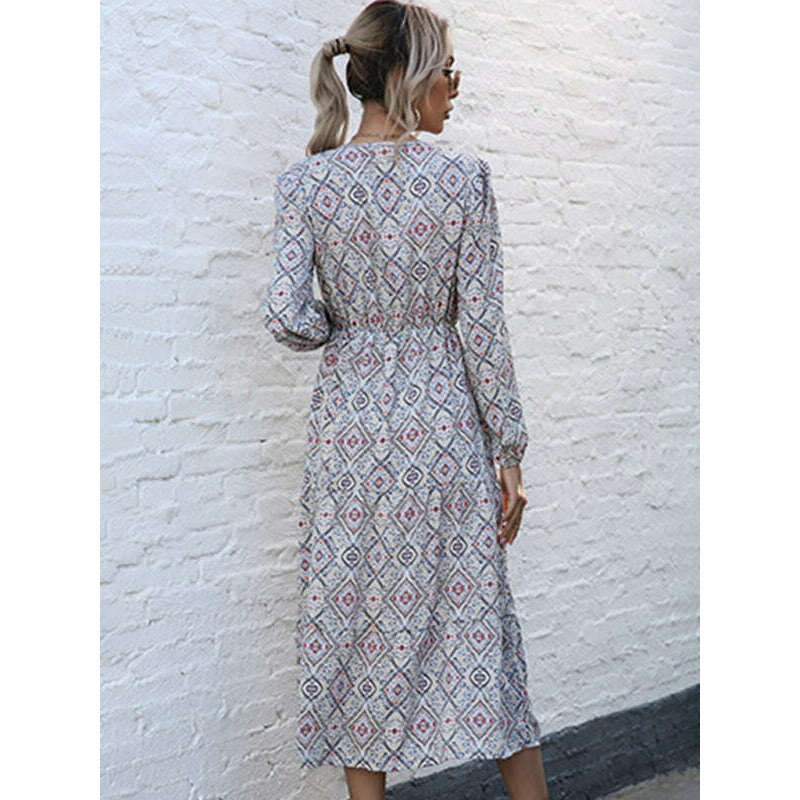 فستان ميدي بأكمام طويلة بطبعة هندسية – بوليستر منسوج، أنماط خريفية، سمايلينغ ماريا - كل شيء للنساء 34650224