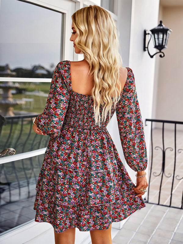 Square Neck Long Sleeve Printed Cake Dress – Flowy Fit, Puff Sleeves, Cute Style