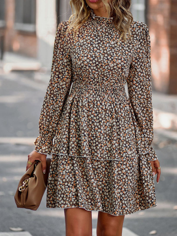 Floral Print Long Sleeve Vacation Dress – Ruffle Hem & Boho Style