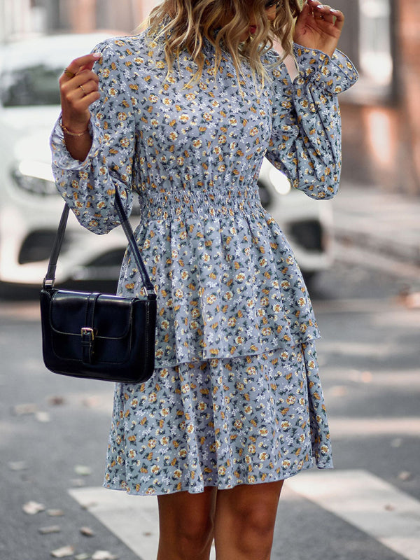 Floral Print Long Sleeve Vacation Dress – Ruffle Hem & Boho Style