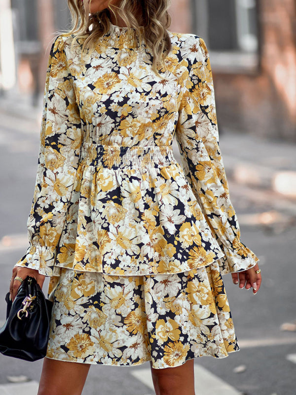 Floral Print Long Sleeve Vacation Dress – Ruffle Hem & Boho Style