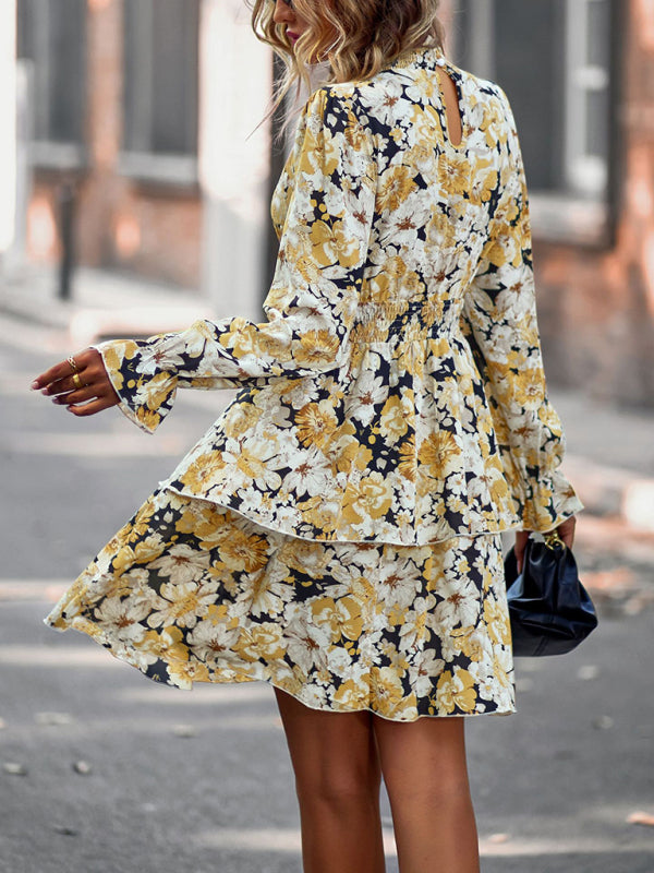 Floral Print Long Sleeve Vacation Dress – Ruffle Hem & Boho Style