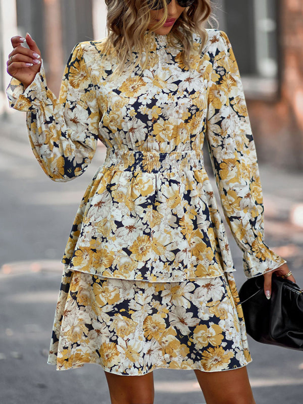 Floral Print Long Sleeve Vacation Dress – Ruffle Hem & Boho Style