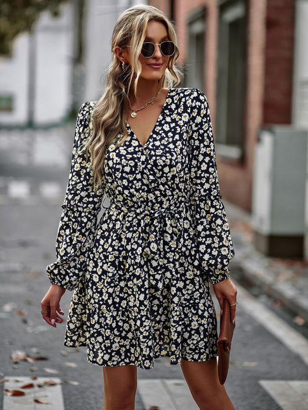 Printed V-Neck Long Sleeve Dress – Flowy Fit, Lightweight, Four-Season Wear