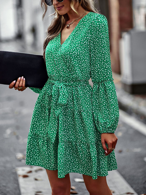 Printed V-Neck Long Sleeve Dress – Flowy Fit, Lightweight, Four-Season Wear