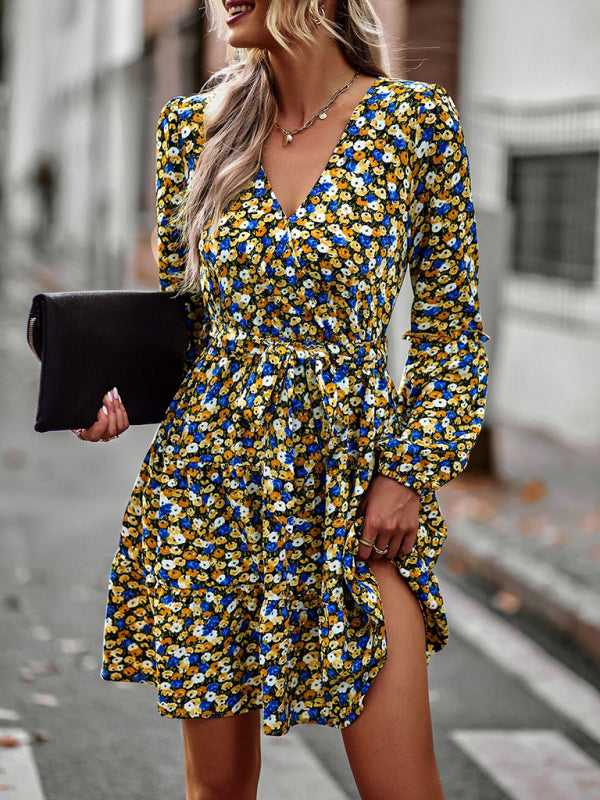 Printed V-Neck Long Sleeve Dress – Flowy Fit, Lightweight, Four-Season Wear