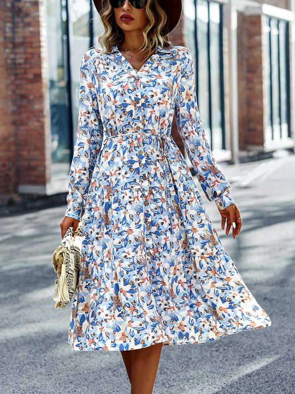 Printed V-Neck Long Sleeve Maxi Dress – Breathable Viscose for All-Season Style