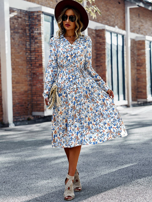 Printed V-Neck Long Sleeve Maxi Dress – Breathable Viscose for All-Season Style