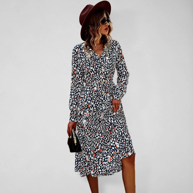 Printed V-Neck Long Sleeve Maxi Dress – Breathable Viscose for All-Season Style