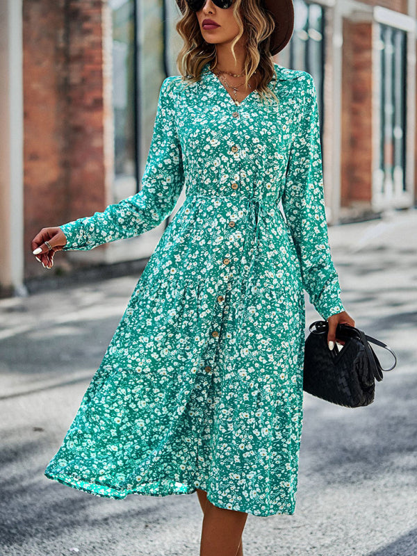 Printed V-Neck Long Sleeve Maxi Dress – Breathable Viscose for All-Season Style