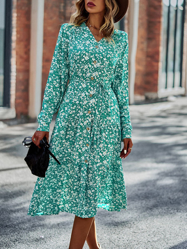 Printed V-Neck Long Sleeve Maxi Dress – Breathable Viscose for All-Season Style