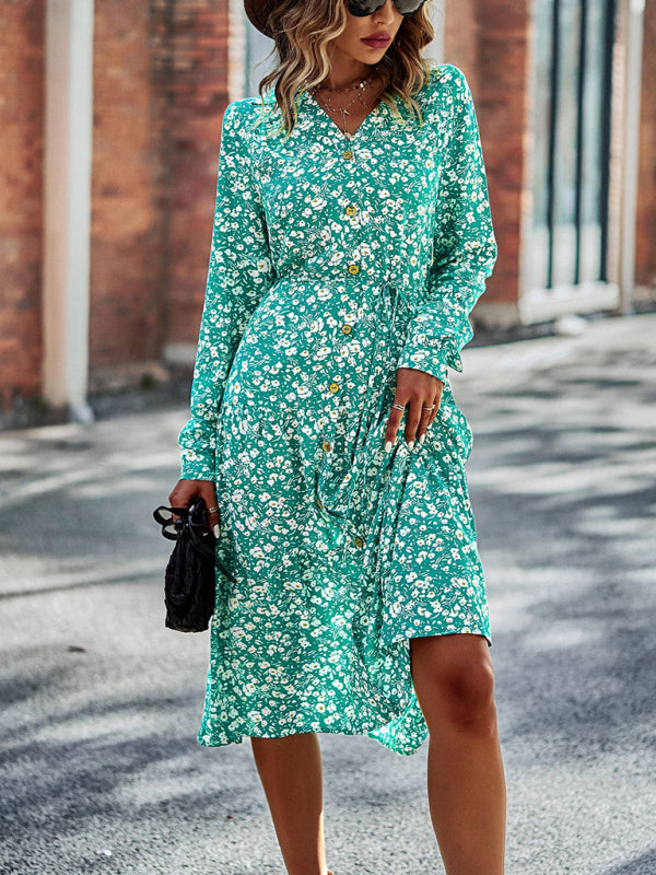 Printed V-Neck Long Sleeve Maxi Dress – Breathable Viscose for All-Season Style