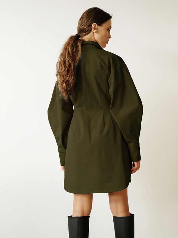 A-Line High-Waisted Shirt Dress – Long Sleeve Casual Woven Fit for Fall