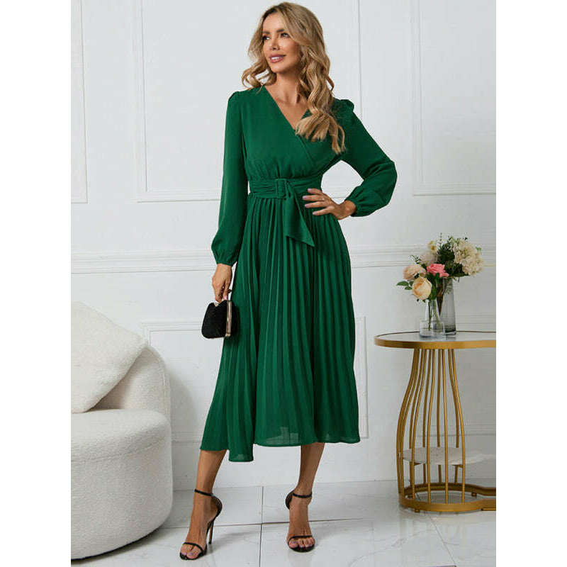 elegant-long-sleeve-pleated-v-neck-a-line-dress-with-removable-belt-–-slim-fitsmiling-maria---everything-for-women-34647706