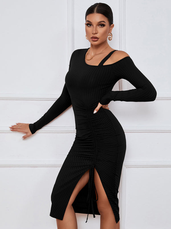 Off-Shoulder Long Sleeve Knit Bodycon Dress – Autumn Sexy Look