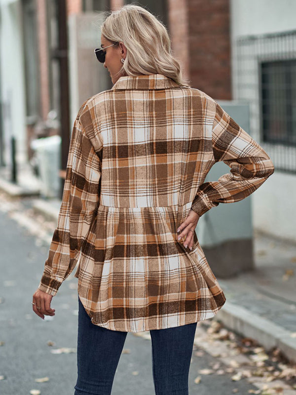 Autumn and Winter New Lapel Long Sleeve Pocket Casual European and American Plaid Shirt