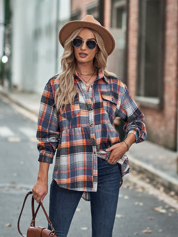 Autumn and Winter New Lapel Long Sleeve Pocket Casual European and American Plaid Shirt