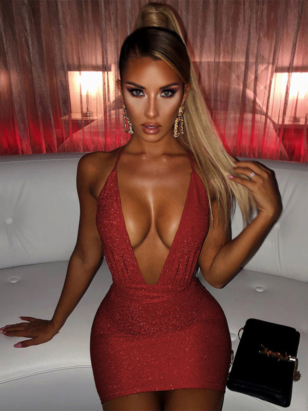 V-Neck Backless Strappy Bodycon Party Dress